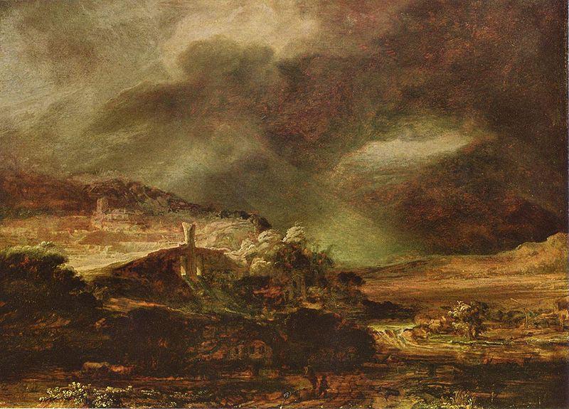 Rembrandt Harmensz Van Rijn Stadt auf einem Hugel bei sturmischem Wetter oil painting picture